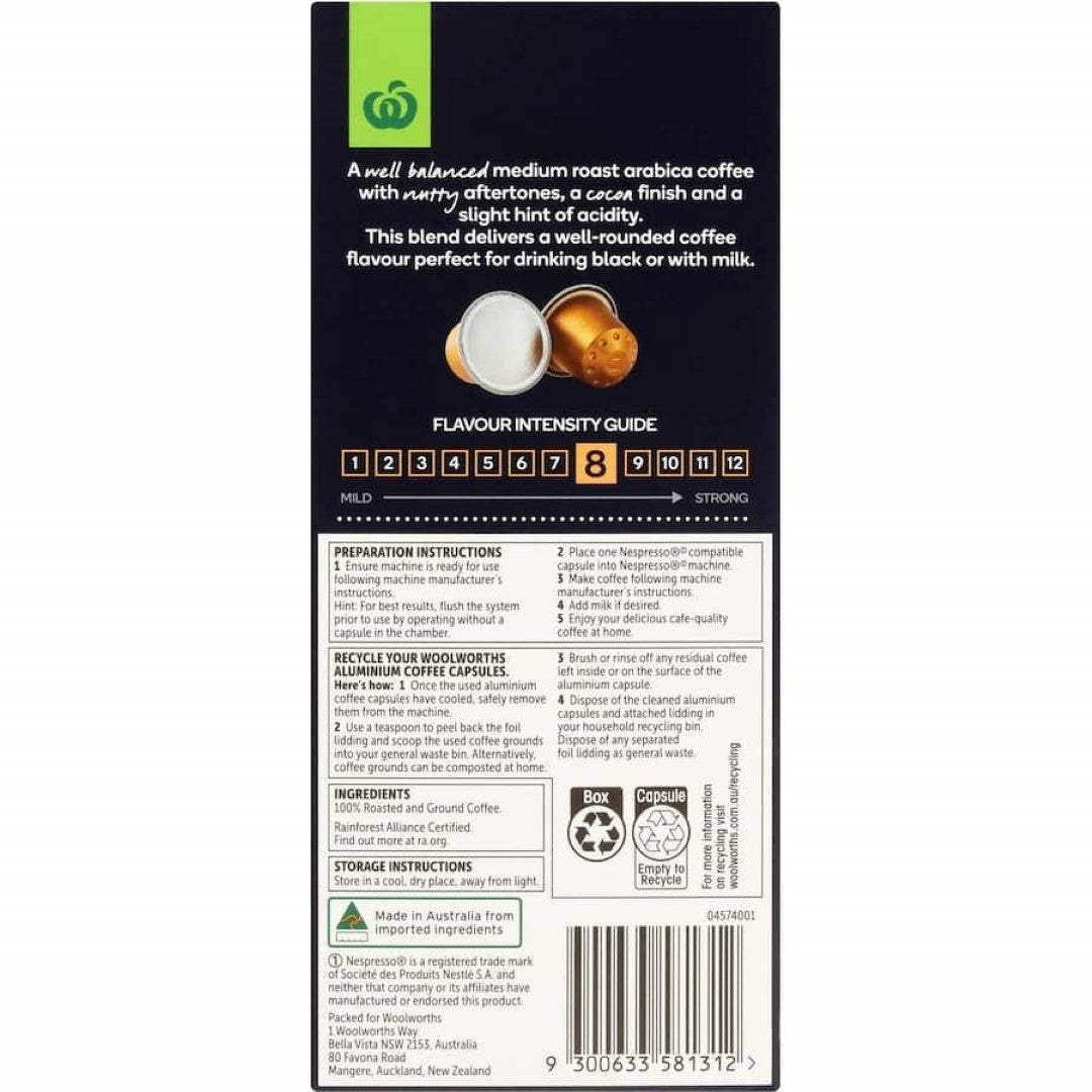 Woolworths Nespresso-compatible coffee capsules, medium roast, delivering smooth, aromatic flavor for a delightful brew.