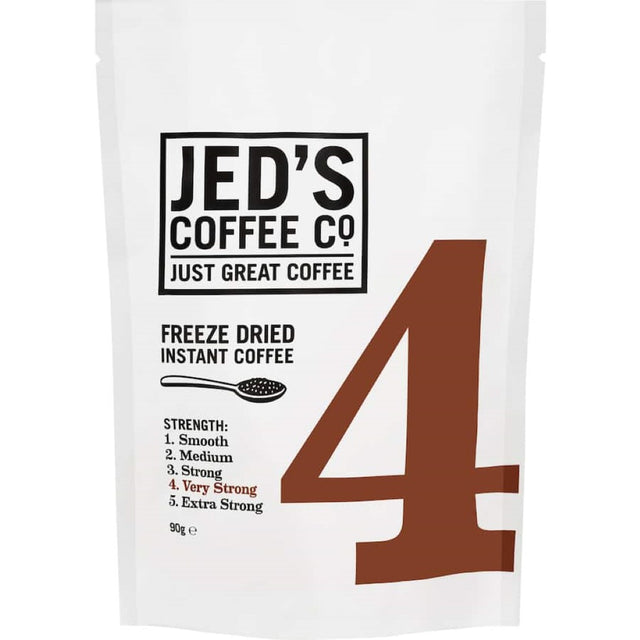 Robust Jed's Instant Freeze Dried Coffee #4, featuring bold dark roast flavor and roasted nut undertones in a 90g refill pouch.