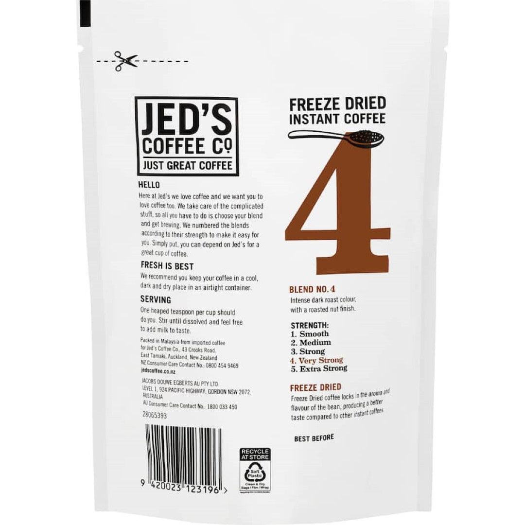 Rich dark roast Jed's Instant Freeze Dried Coffee #4, bold flavor with roasted nut undertones, convenient 90g refill pouch.