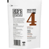 Rich dark roast Jed's Instant Freeze Dried Coffee #4, bold flavor with roasted nut undertones, convenient 90g refill pouch.