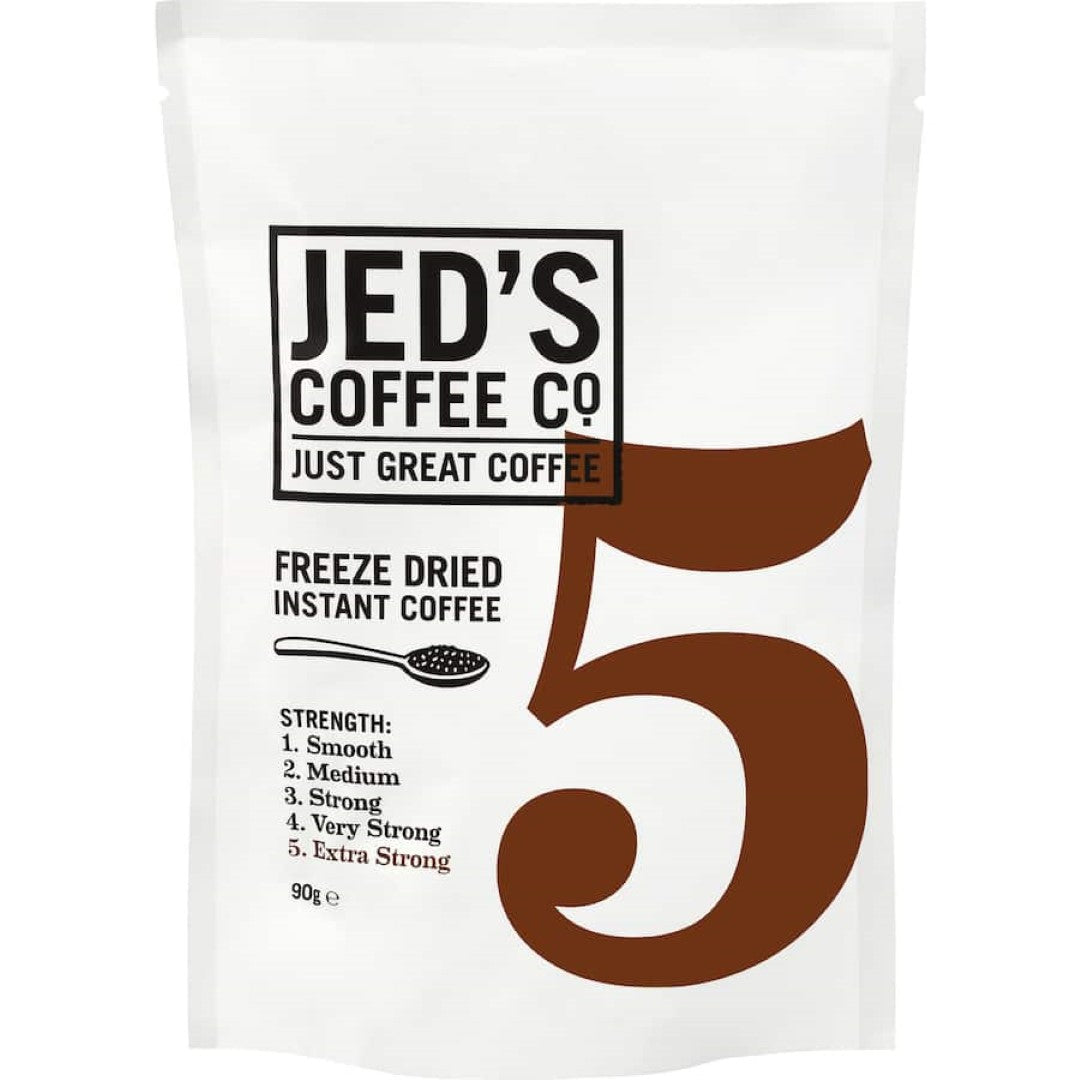 Jed's Instant Freeze Dried Coffee #5 Extra Strong in a pouch, showcasing bold flavor and premium 100% coffee bean quality.