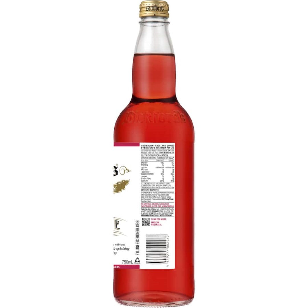 Bickford's Sugar Free Raspberry cordial in a bottle, offering natural raspberry flavor without added sugars or artificial ingredients.