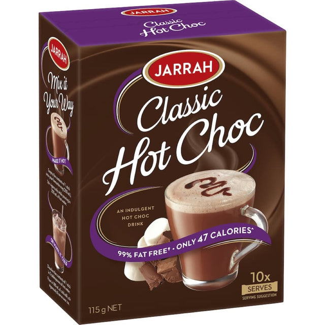 Rich and velvety Jarrah Hot Chocolate Classic mix, 99% fat-free, only 47 calories, perfect for guilt-free indulgence.