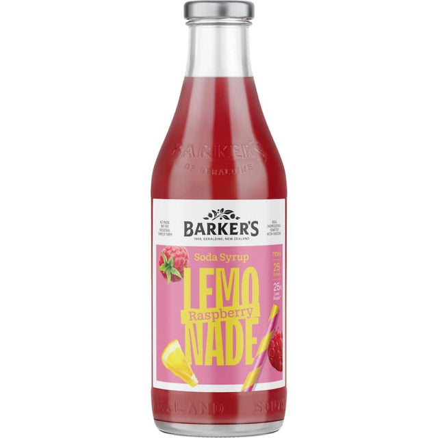 Barkers Fruit Syrup Raspberry Lemonade Soda bottle, showcasing vibrant packaging and refreshing raspberry-lemon flavor.