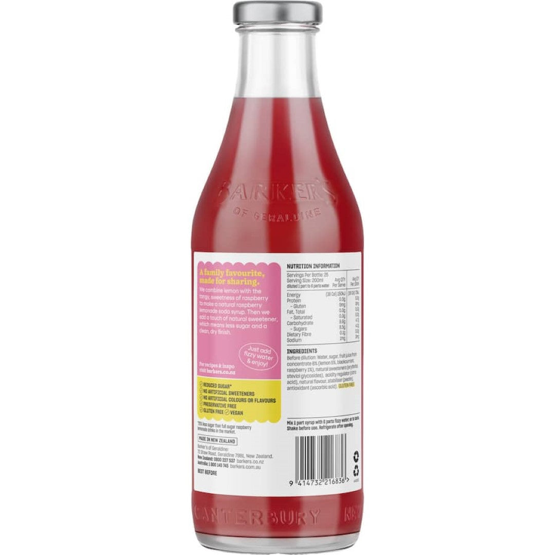 Refreshing Barkers Raspberry Lemonade Soda with natural fruit extracts, perfect for gatherings or a cool treat.