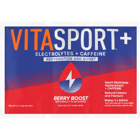 Vitasport Plus Electrolyte Berry Boost drink mix for athletes, replenishing electrolytes with delicious berry flavor.