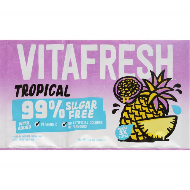 Vitafresh 99% Sugar Free Tropical Drink Mix sachet, perfect for low-calorie hydration with vibrant tropical flavors.