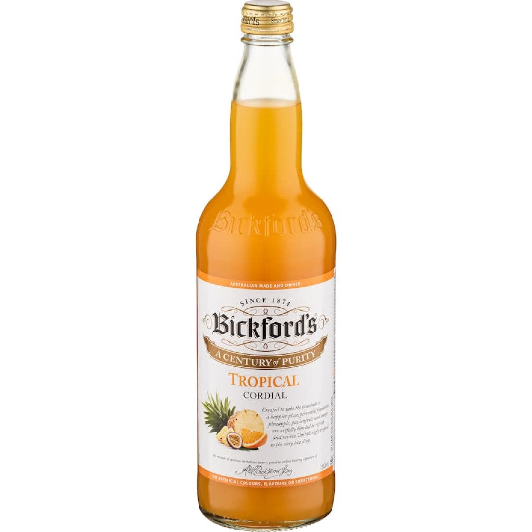 Bottle of Bickford's Tropical Cordial, featuring pineapple, passionfruit, and orange juices for refreshing summer drinks.