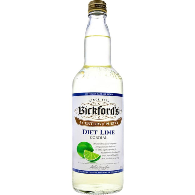 Bickfords Cordial Diet Lime bottle showcasing vibrant lime flavor, sugar-free, perfect for refreshing drinks and mixers.