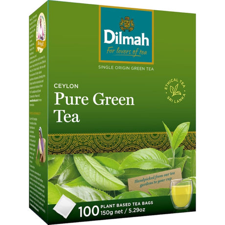 Dilmah Green Tea Tagless: 100 premium tagless tea bags of pure Ceylon green tea, offering refreshing flavor and health benefits.