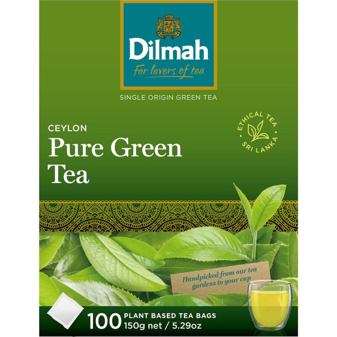 Airtight pouch of 100 tagless Dilmah Green Tea bags, filled with premium Ceylon green tea, rich in antioxidants and fresh flavor.