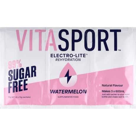 Refreshing Vitasport Electrolyte drink in watermelon flavor, 99% sugar-free, perfect for hydration during workouts.