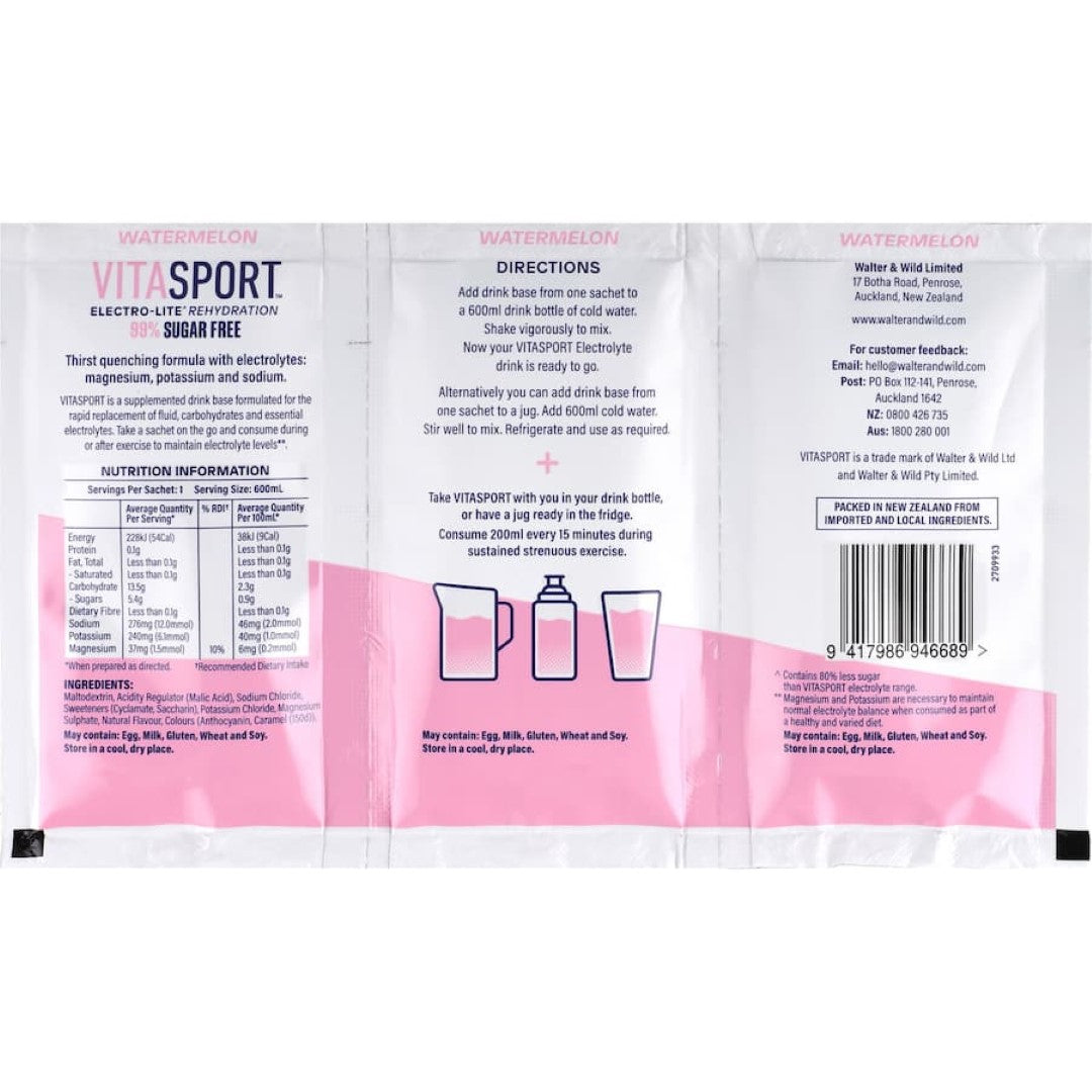 Refreshing Vitasport Electrolyte drink in watermelon flavor, 99% sugar-free, ideal for hydration during workouts.