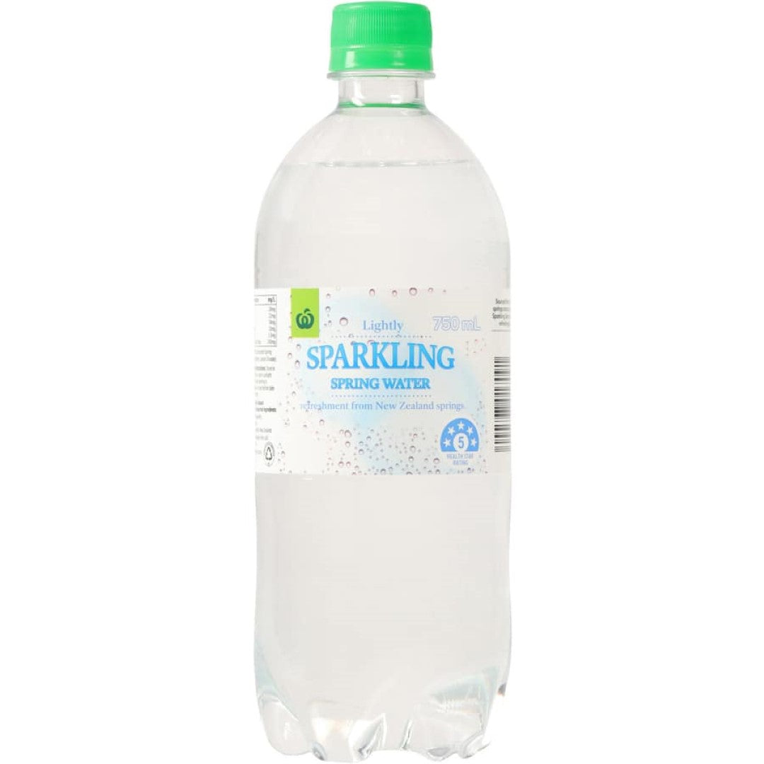 Woolworths Lightly Sparkling Water Spring, 750ml bottle, offers refreshing, carbonated essence of New Zealand's natural springs.