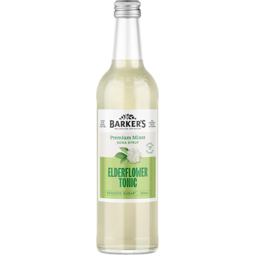 Barkers Elderflower Tonic bottle showcasing its floral design, perfect for enhancing cocktails or refreshing drinks.