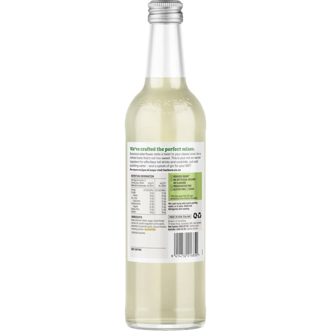 Barkers Elderflower Tonic syrup in a bottle, ideal for elevating cocktails and beverages with floral notes and natural sweetness.