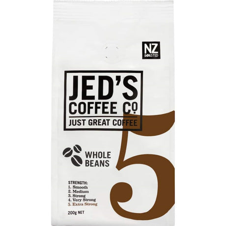 Jed's Whole Beans Coffee #5 Extra Strong in a 200g pack, boasting bold flavor for intense coffee lovers.