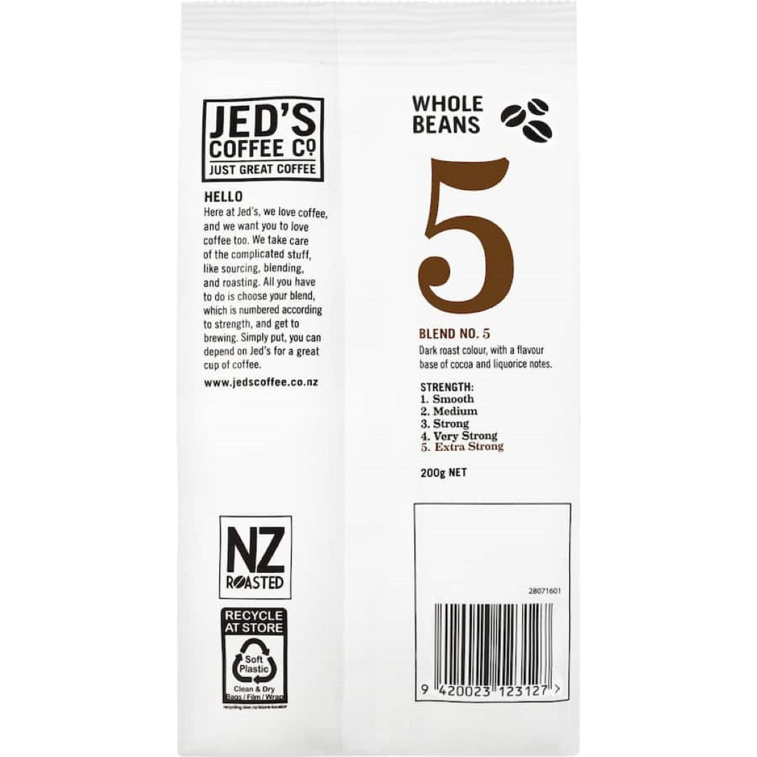 A 200g pack of Jed's Whole Beans Coffee #5 Extra Strong, featuring bold flavor and versatile grind options for coffee lovers.