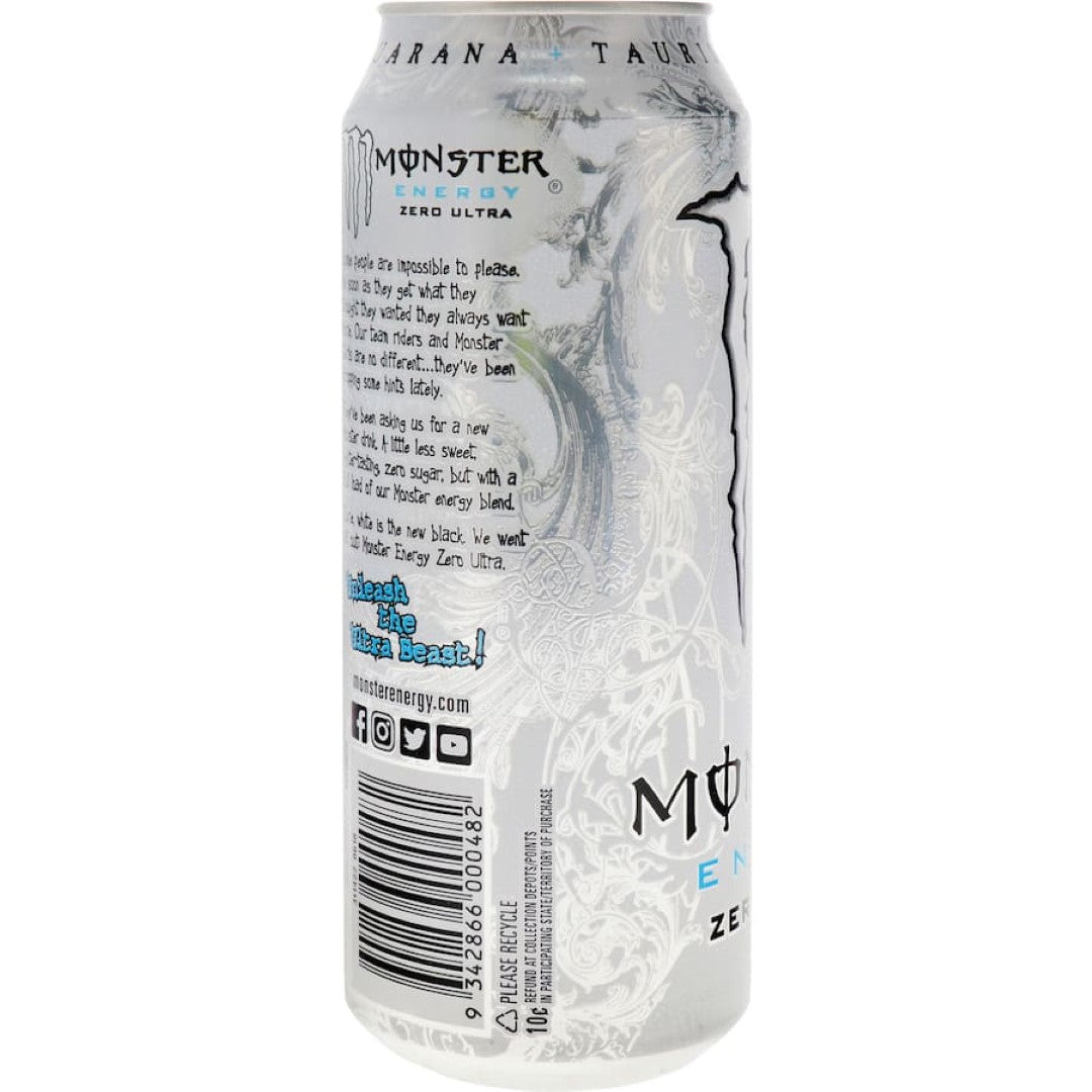 Refreshing Monster Energy Drink Zero Ultra can, featuring zero calories and a crisp citrus flavor for a light energy boost.