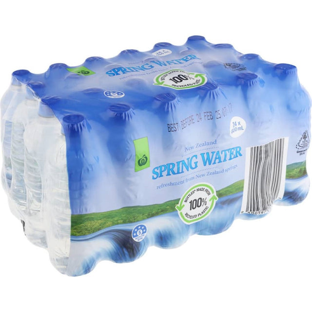 Woolworths Water Still Spring 24-pack: Pure, crisp New Zealand spring water in convenient 600ml bottles for on-the-go hydration.