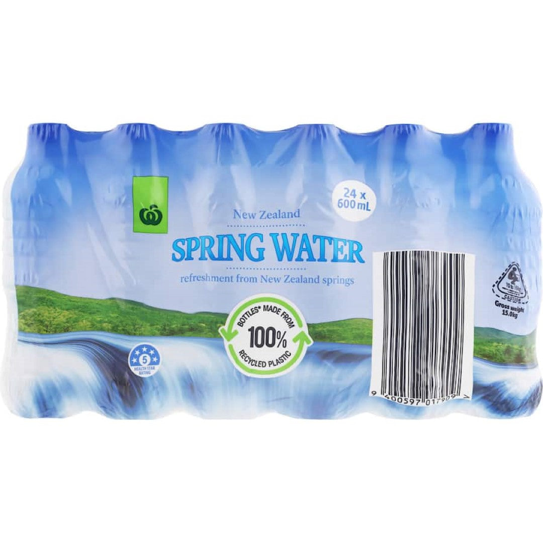 Woolworths Water Still Spring - 24-pack of 600ml bottles, pure New Zealand spring water for on-the-go hydration.