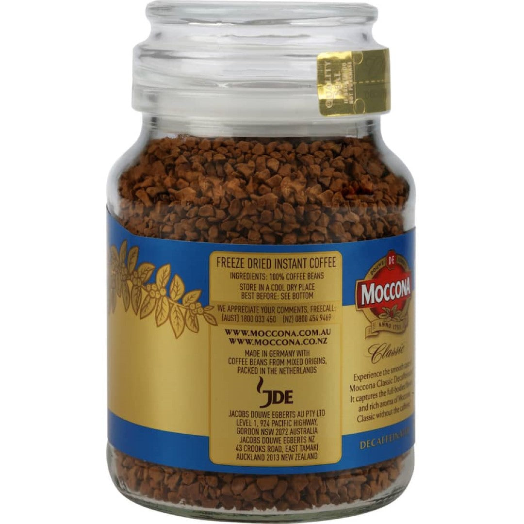 Moccona Classic Instant Freeze Dried Coffee Decaffeinated: 100g glass jar with rich flavor and 0.3% caffeine for a soothing coffee break.