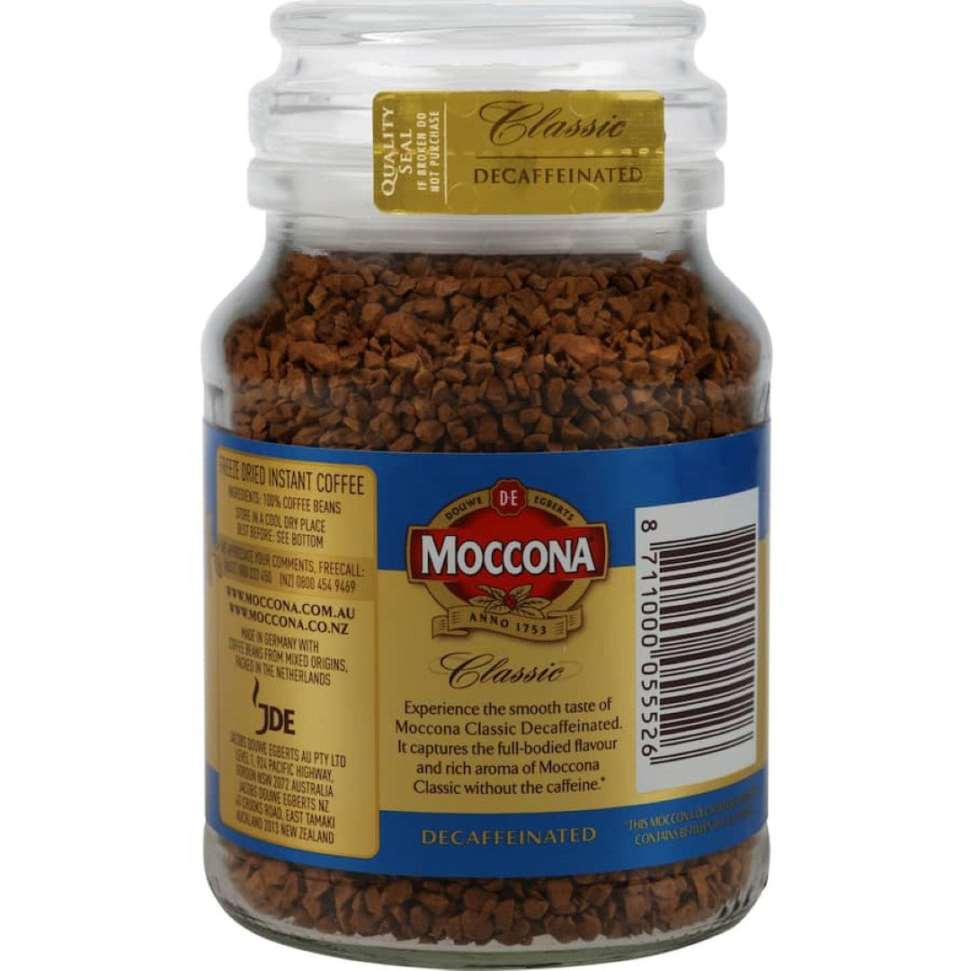 Moccona Classic Decaffeinated Instant Coffee in a stylish 100g glass jar, offering rich flavor without caffeine.