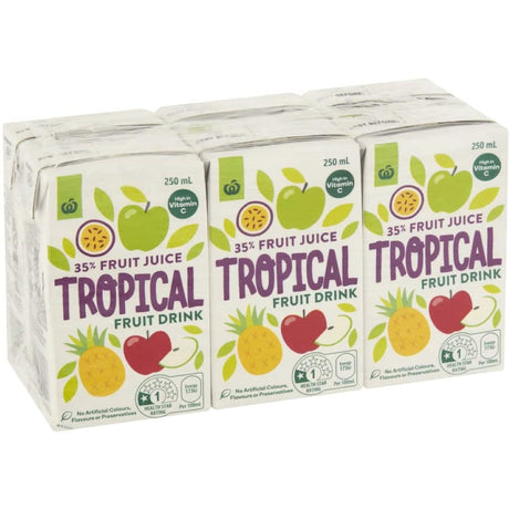 Woolworths Tropical Fruit Drink with 35% real juice, refreshingly fruity and perfect for lunch boxes, no artificial additives.