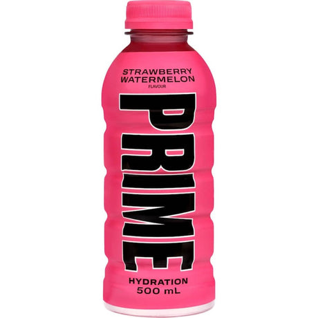 Prime Hydration Drink in strawberry watermelon flavor, featuring electrolytes for hydration and a refreshing taste.