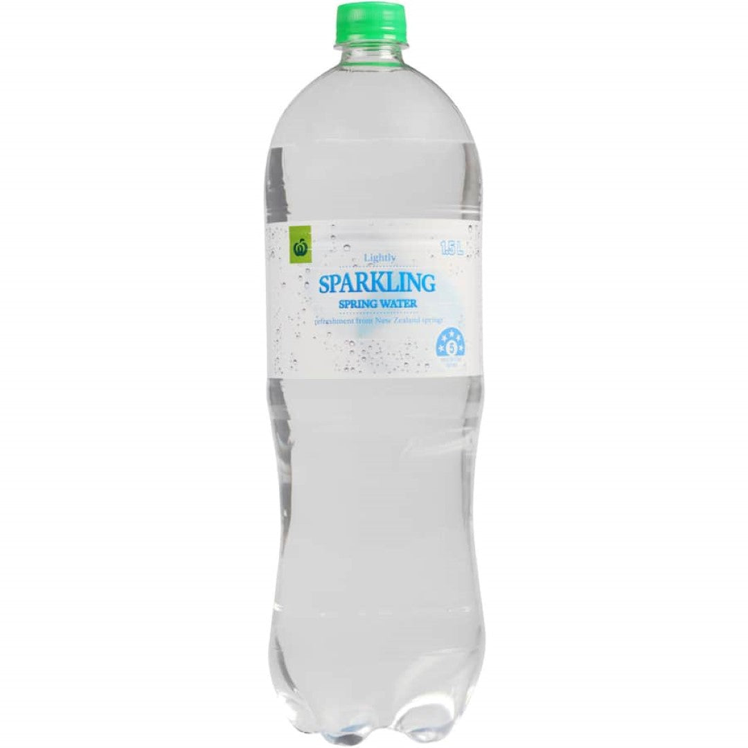 Bottles of Woolworths Sparkling Water Spring, refreshing lightly sparkling beverage sourced from New Zealand's pristine springs.