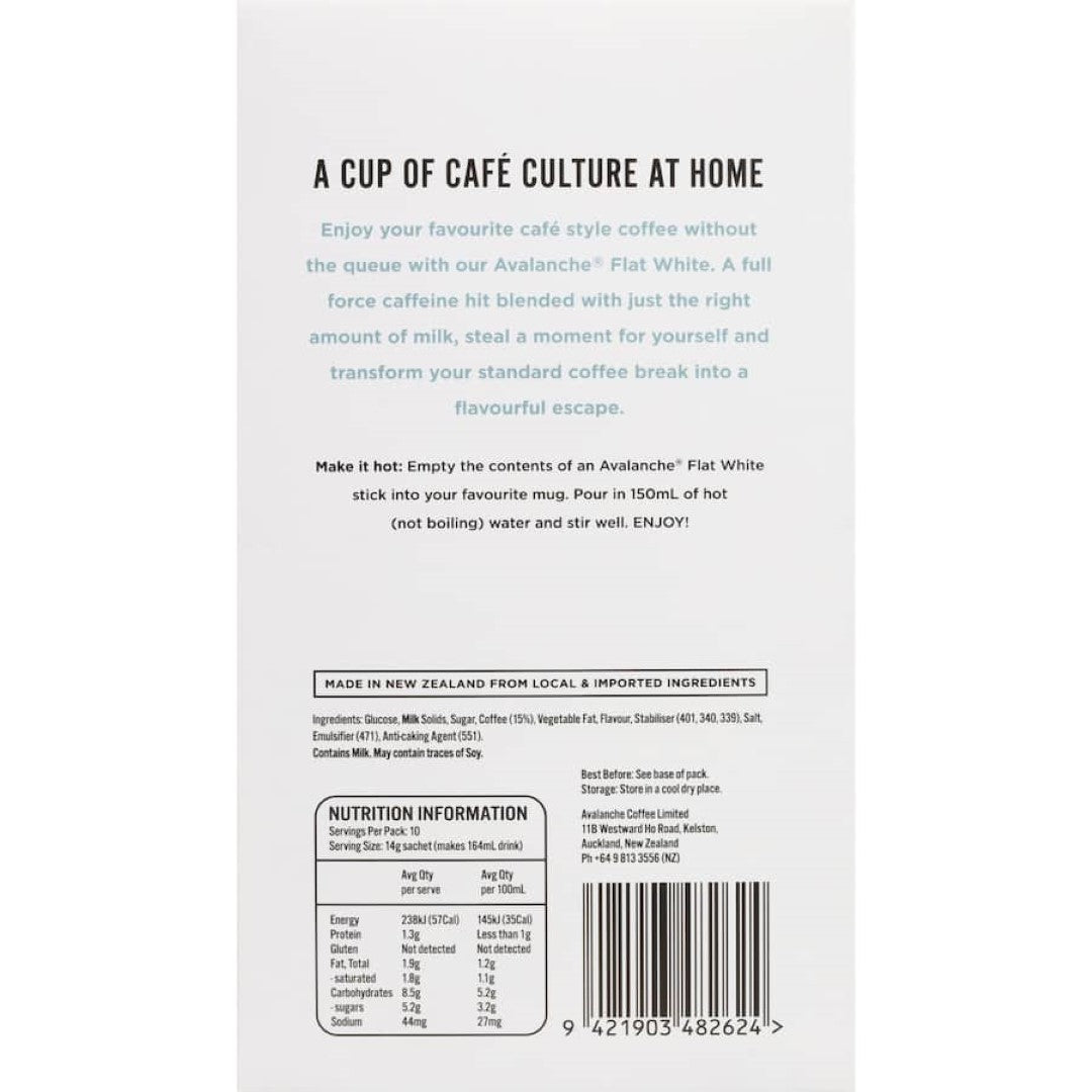 Avalanche Coffee Mix Flat White 140g packaging featuring rich, creamy coffee blend for convenient, delicious cups at home or on-the-go.