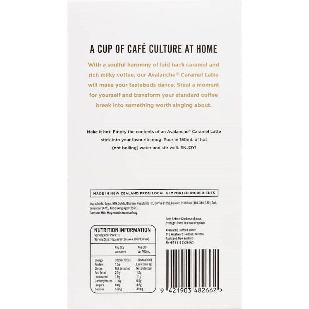 Avalanche Coffee Mix Caramel Latte 160g: Rich, creamy caramel latte coffee mix for instant barista-style enjoyment at home.