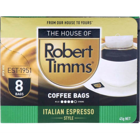 Robust Robert Timms Italian coffee bags, delivering authentic flavor and convenience for café-quality coffee at home.