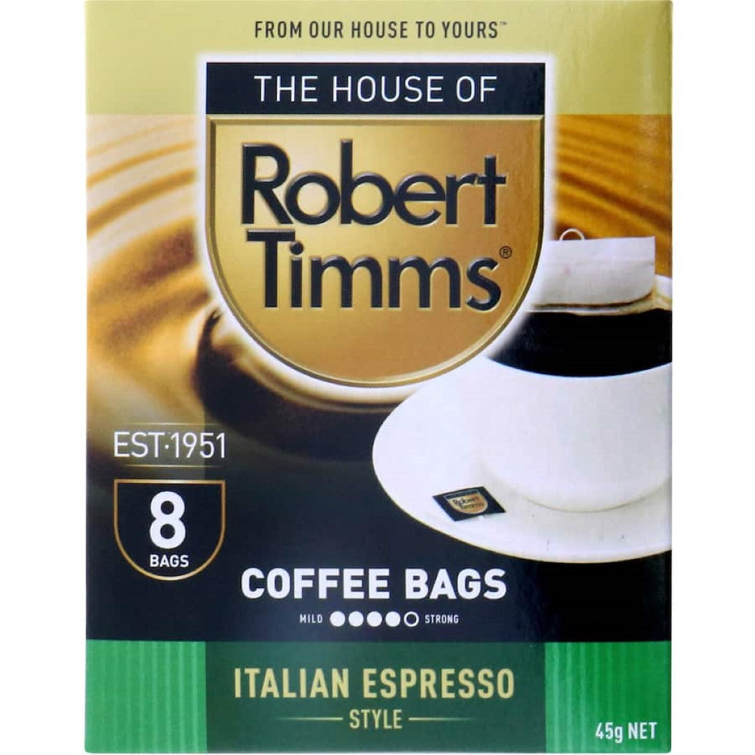 Robert Timms Coffee Bags Italian, offering rich flavors and convenience for authentic Italian coffee at home or on the go.