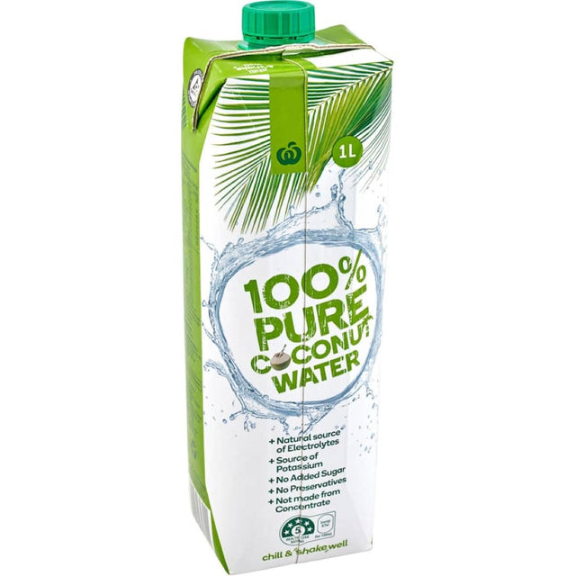 Woolworths Coconut Water 1L, a pure hydration source rich in electrolytes, perfect for smoothies or refreshing drinks.