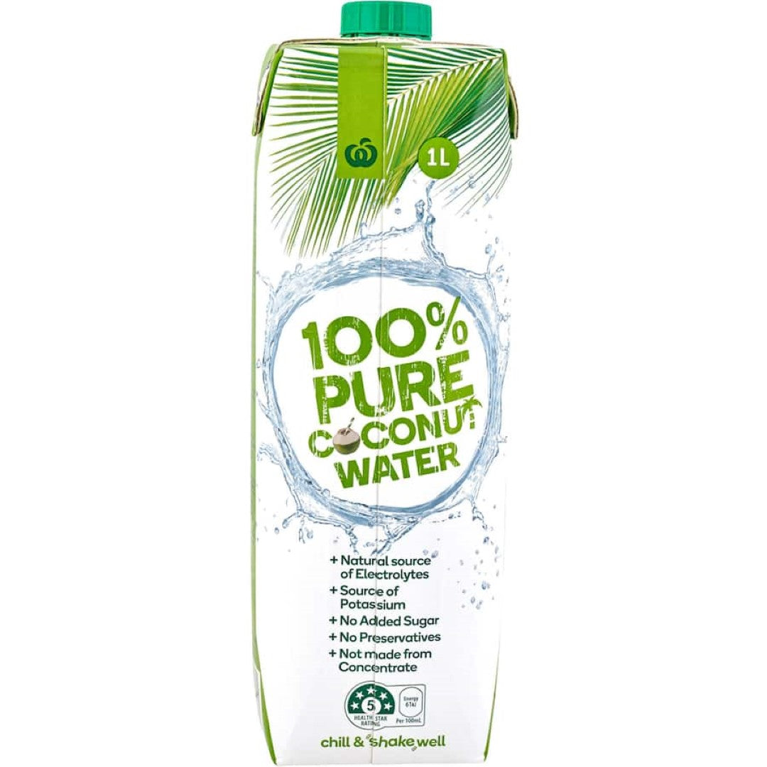 1L pack of Woolworths Coconut Water, pure and refreshing, ideal for hydration with electrolytes and no added sugar.