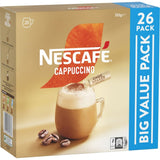 Nescafe Coffee Sachets Cappuccino 26-pack, creamy coffee blend designed for café-style enjoyment at home with a sprinkle of chocolate.