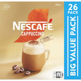 Nescafe Cappuccino sachets 26-pack, rich creamy coffee with chocolate topping for cafe-style indulgence at home.