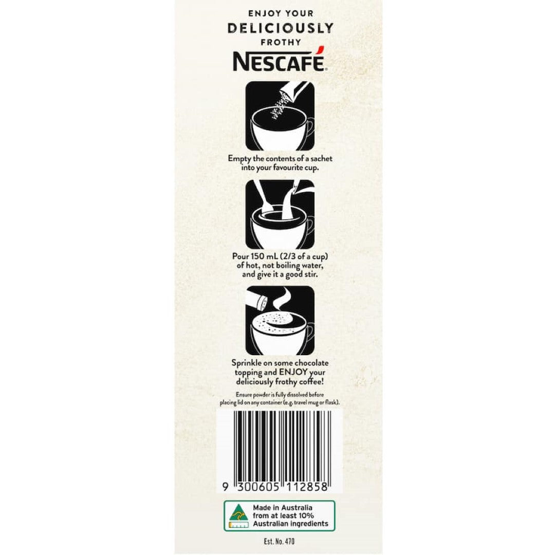 Nescafe Coffee Sachets Cappuccino 26-pack for creamy, cafe-style cappuccino at home with sustainable, recyclable packaging.