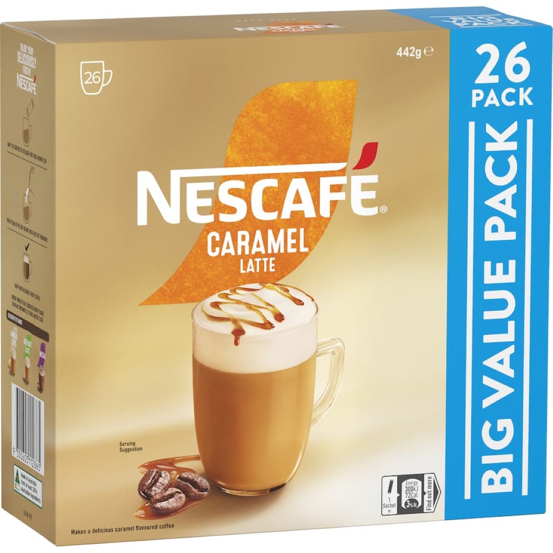 Nescafe Coffee Sachets Caramel 26 pack for a creamy caramel latte, convenient for at-home enjoyment and sustainably sourced.