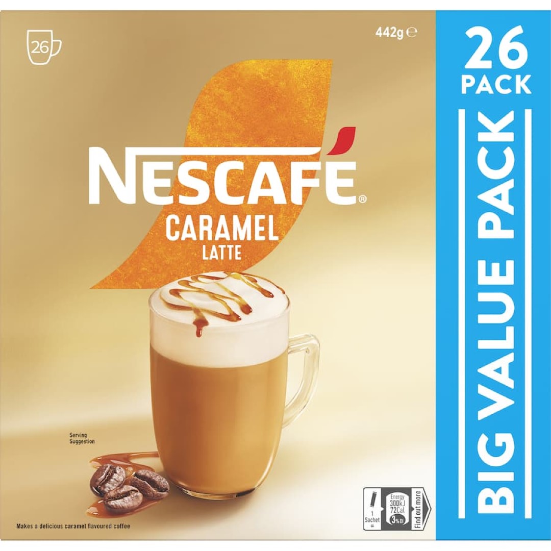 Nescafe Coffee Sachets Caramel 26 pack: Convenient sachets for creamy caramel lattes, ethically sourced and roasted in Australia.