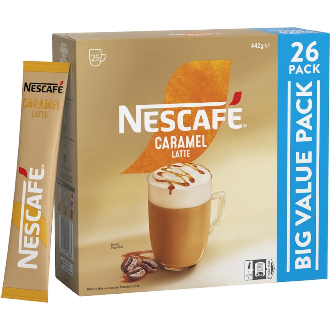 Nescafe Coffee Sachets Caramel 26 pack, offering convenient, creamy caramel lattes for a delicious coffee experience at home.