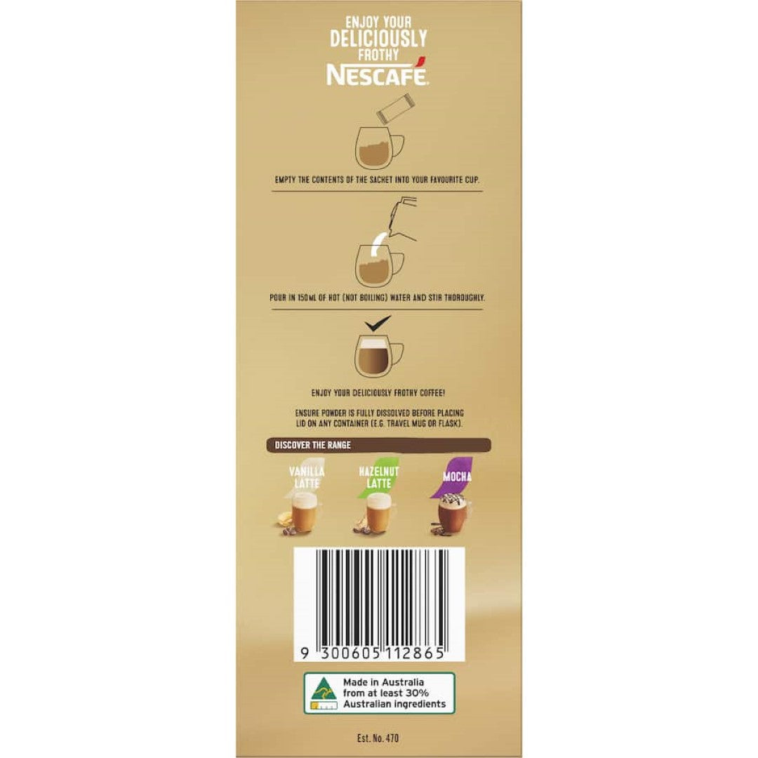 Nescafe Coffee Sachets Caramel 26 pack: Convenient sachets for a creamy caramel latte, sustainably sourced and roasted in Australia.