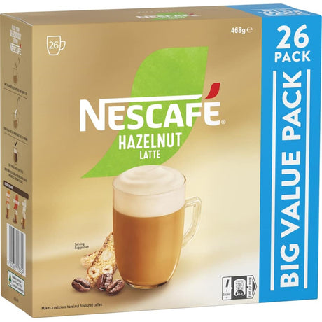 Nescafe Hazelnut Coffee Sachets 26 Pack for a creamy, cafe-style latte with rich coffee and hazelnut flavor, quick and convenient.