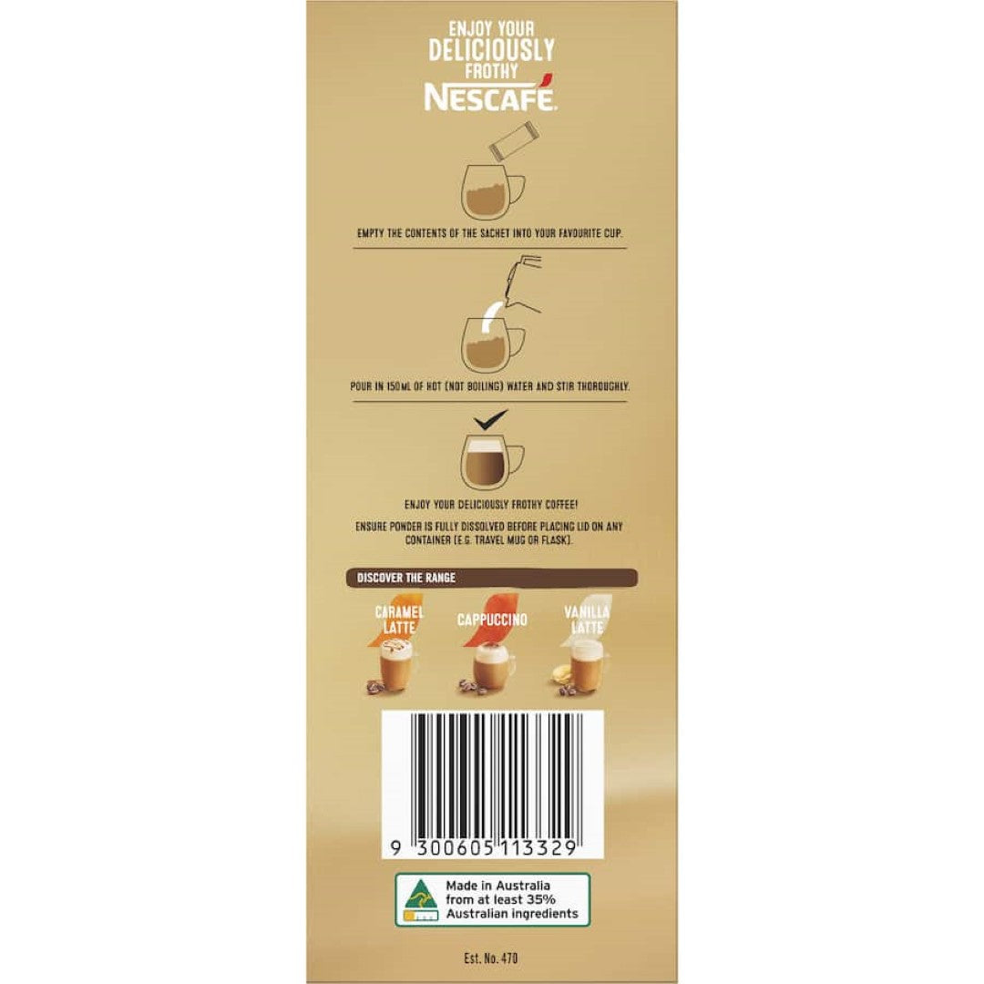 Nescafe Coffee Sachets Hazelnut pack containing 26 sachets for rich, creamy hazelnut latte at home, sustainably sourced.