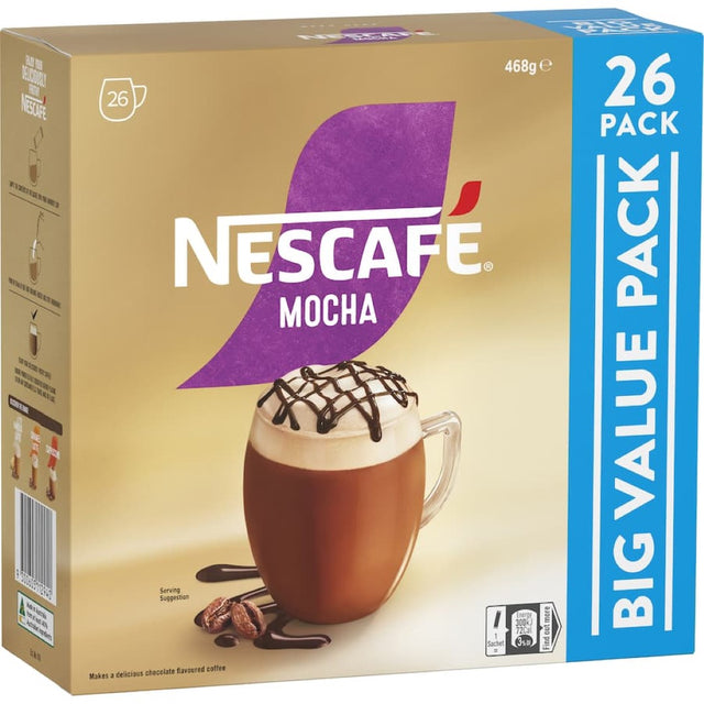 Nescafe Mocha sachets pack of 26, offering creamy coffee and cocoa blend for a convenient, indulgent experience at home.