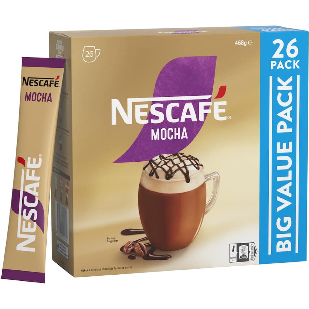 Nescafe Coffee Sachets Mocha pack of 26, offering rich coffee and cocoa for a creamy café-style treat at home.