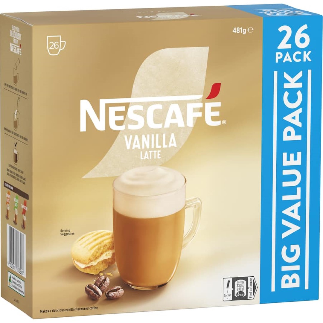 Nescafe Coffee Sachets Vanilla 26-pack features creamy coffee and vanilla flavor for a quick café-style drink at home.