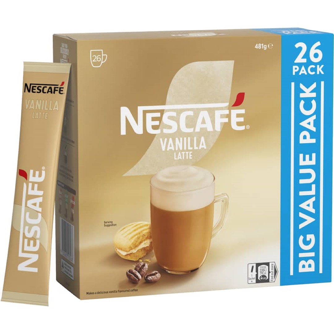 A pack of 26 Nescafe Vanilla Coffee Sachets, offering creamy coffee and rich vanilla flavor for a café-style experience at home.