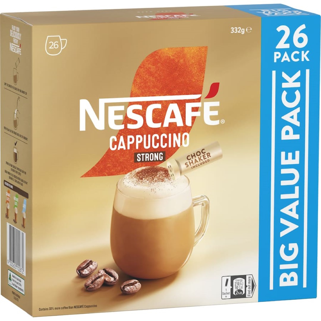 Nescafe Strong Cappuccino sachets pack, 26 count, offering rich flavor and creamy froth for a café-style experience at home.